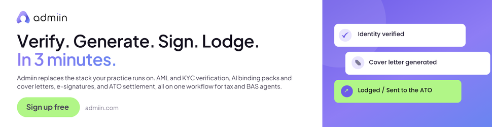 Admiin — verify, generate, sign and lodge in three minutes. AML and KYC verification, cover letters, e-signatures and ATO settlement for tax and BAS agents.