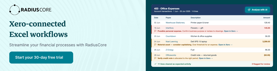 RadiusCore — Xero-connected Excel workflows. Start your 30-day free trial.